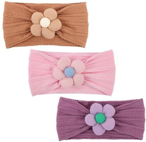 DRESHOW 3 Piezas Niñas Flor Diademas Estirable Nylon Diademas Hechas a Mano Cabello Accesorios para Neonatal Lactante Niño Pequeño Niños