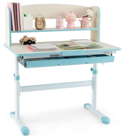 COSTWAY Schreibtisch Kinder, Kinderschreibtisch höhenverstellbar, Schülerschreibtisch mit neigbarer Tischplatte, Regal & Schublade, Jugendschreibtisch Zeichentisch für 3–12 Jahre Kinder (Blau)