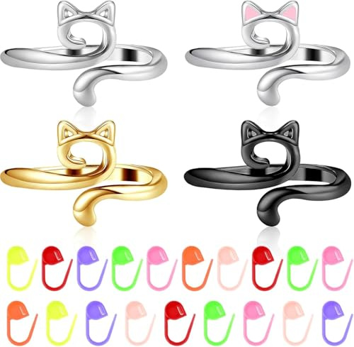 Fenglin-joy Anneau de Crochet, 4 pièces Anneau de Crochet en Métal Chat Boucle de Tricot Réglables avec 20 marqueurs de mailles Tricot pour les amateurs de crochet
