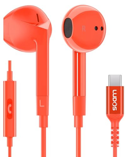 Ludos FEROX Auriculares USB C con Micrófono, Garantía de 5 años, Auriculares Tipo C con Cable para iPhone 16 15 Pro MAX Plus Samsung Galaxy S24 S23 S22 Ultra S21 FE S20 A53 A54, iPad Pro Air - Coral