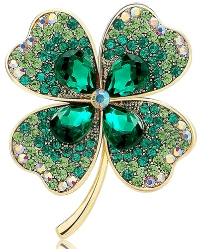 Four Leaf Clover Brooches for Women - Irish Brooch Pin Gifts Green Lucky Crystal Badge, St Patricks Day Gift for Birthday Party Wedding Decoration