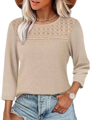 Aokosor Women 3/4 Sleeve Tops Ladies Lace Blouse Crew Neck Tunic Shirts Casual Loose Fit Ladies Tops Beige Size 10-12