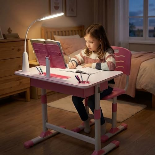 Kinderschreibtisch höhenverstellbar, Schülerschreibtisch Jugendschreibtisch mit Lampe, Schreibtisch Kinder mit Stuhl, Bücherständer und Schublade inkl. Kinder Schreibtisch für Jungs & Mädchen (Rosa)