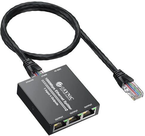 eSynic Divisor Ethernet Gigabit 1 en 4 RJ45 Splitter 1000Mbps con Alimentación USB TipoC Adaptador de Red RJ45 para Router PC PS5 TV Repartidor de Internet Compatible con Cables Cat8/7/6/5 Plug & Play