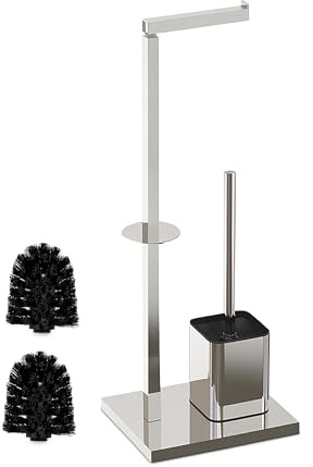 Relaxdays Freestanding Toilet Roll Holder, 2 Replacement Brushes, Stable Cement Base, Articulated Joint, Silver