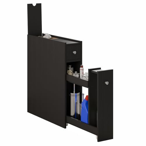 Taylor & Brown Slim Bathroom Floor Cabinet, Narrow & Compact Slimline Wooden Bathroom Organiser with Drawer & Slide Out Shelf, Freestanding Storage Unit, Black
