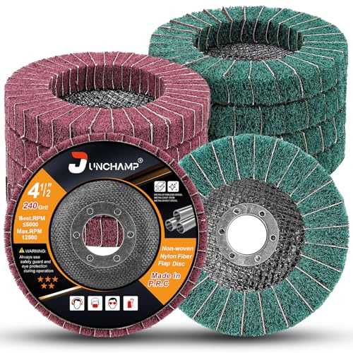 Junchamp 10 Pack 115mm Nylon Fiber Flap Discs, 120/240 Grit Non-Woven Abrasive Wheels for Angle Grinders, Rust, Paint and Oxidation Removal, Metal Surface Preparation and Polishing