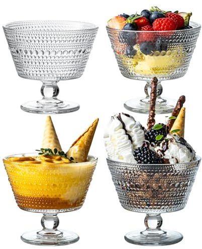 JGKYLDZ 9oz Glass Ice Cream Bowls, Vintage Footed Sundae Cups,Glass Dessert for Dessert, Sundae, Ice Cream,Pudding, Jelly, Fruit, Snack, Cocktail, Condiment, Trifle (4)