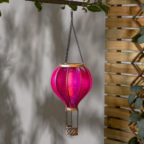 Solar Power Rainbow Stain Cool Fiesta Realistic Flame Outdoor Hanging SMD LED Hot Air Balloon Lantern - Multicoloured Glass Effect Flaming Garden Light with Handle [Energy Class A+] (Pink, 46.5)
