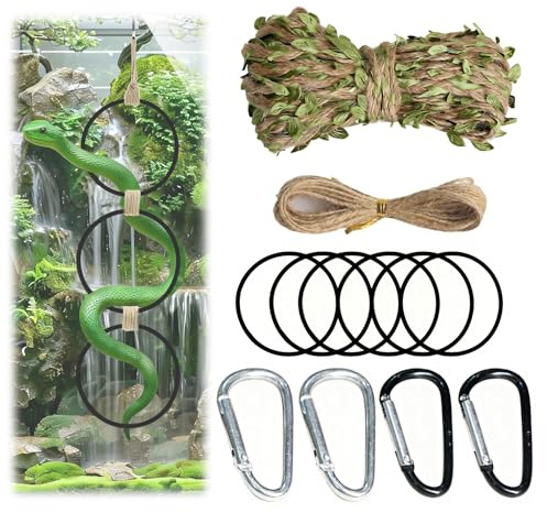 klahh 12Pcs Snake Enrichment Climbing Rings Set – 6 Plastic Climbing Rings, 4 Hooks & 2 Hemp Ropes (5m Each) – DIY Reptile Habitat Decor & Terrarium Accessories for Ball Pythons, Corn Snakes