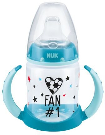 NUK First Choice - Biberón para aprender a beber (edición de fútbol, antigoteo, 6-18 meses, 1 unidad, 150 ml), color turquesa