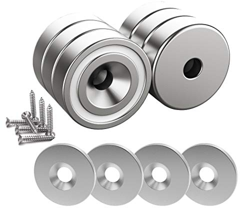 Magnetpro 6 Imanes de neodimio 12 kg fuerza 20 x 7 mm con orificio y cápsula, imán en recipiente avellanado con tornillos y 6 cojines de acero
