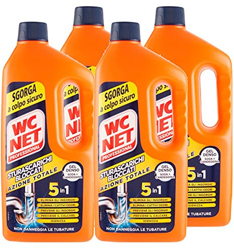 Wc Net Professional - Sturascarichi 5 Azioni in 1, Disgorgante Gel per Scarichi Professionale, con Agenti Salvatubi e Anticalcare, 1000 ml x 4 Confezioni