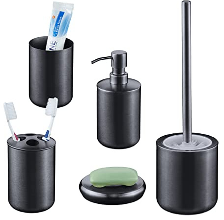 Relaxdays Set Bagno Completo 5 Accessori, Acciaio Inox Spazzolato, Scopino WC, Portaspazzolino, Saponetta, Antracite