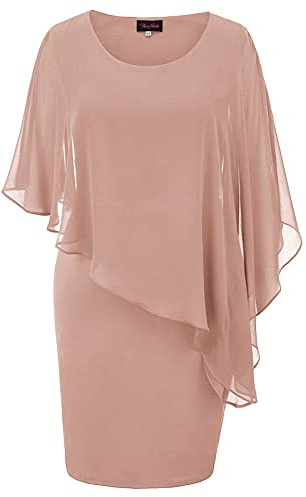 Hanna Nikole Capeklänning i stora storlekar, cocktailklänning med cape i chiffong, knälång aftonklänning med overlay, Mörkrosa, XXL