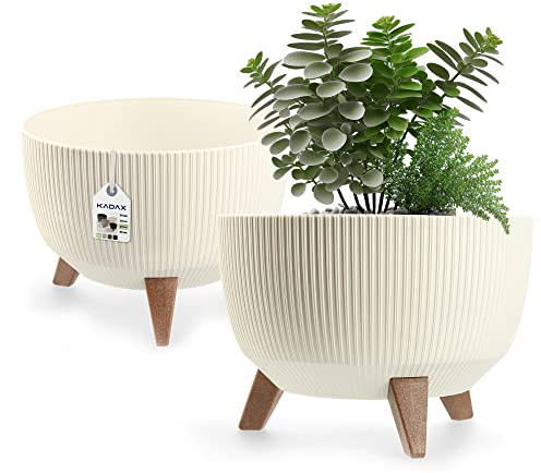 KADAX Pot de Fleurs en Plastique avec Trois Supports à piquer, jardinière Ronde, bac à Plantes, pour Balcon, Salon (33 cm Ø/Crème)