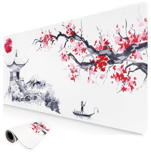 Niviy Tappetino Mouse,XXL Tappetino per Mouse 800x350mm con Motivo Fuji e Sakura,Mouse pad grande da gaming per tavolo,computer,desktop,PC(Bianco)