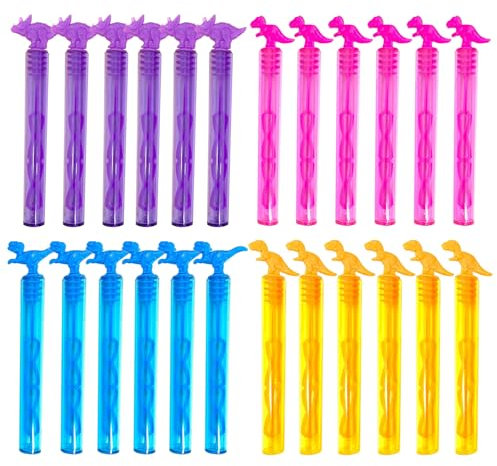 24 Pièces Dinosaure Bulles de Savon, Mini Bulle de Savon pour Enfants la fête et Les Anniversaires, Halloween, Noël, Savon Tubes Contient de Liquide (Quatre Couleurs)