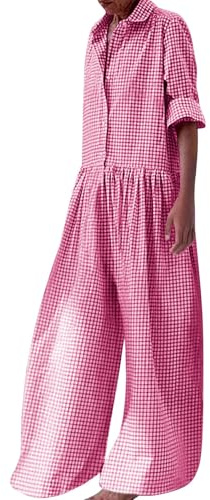 Dam ledig lös pläd overaller långärmad knapp upp krage veckad bred ben långa byxor overaller byxdress dressy kort, Röd, XXL