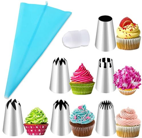Lot de 8 Poches à Douille Ensemble Reutilisable,1 Poches à Douille et 6 Douilles Patisserie Inoxydable et 1 Adaptateur de Gâteau, Poche a Douille Patisserie , Décoration Parfaite Vos Cupcake et Muffin