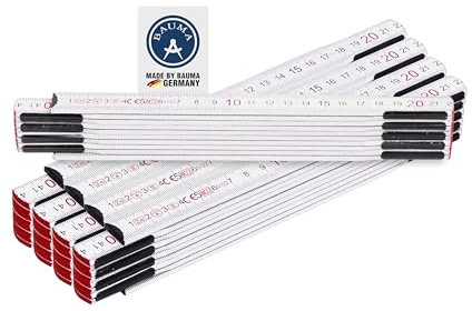 BAUMA® Lot de 5 Mètres pliants blancs de 2 mètres - Robuste et précis pour des mesures polyvalentes - Mètre pliant en bois de bouleau avec graduation duplex - Fabriqué en Allemagne