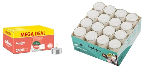 Bundle of Bolsius - Paquete grande de velas de té - 240 unidades - 6 horas de combustión - Blanco - Velas decorativas para el hogar+ Bolsius Juego de 48 velas de té - Larga combustión de 8 horas