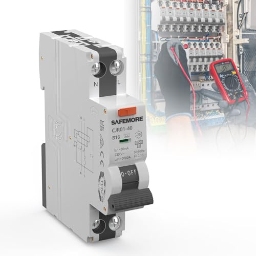 SAFEMORE Fi Schutzschalt, Fi ls Schalter 16A, 30mA, Curve B, 1P+N, RCBO, Fehlerstromschalter B16 Typ A, hohe Empfindlichkeit – DIN-Schienenverlegung,1P+N, TÜV-geprüft