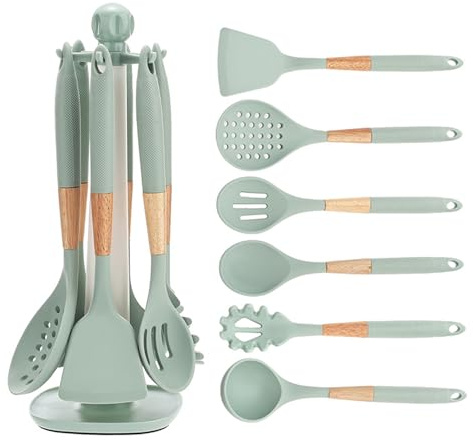 AVEKI Set di utensili da cucina, 7 pezzi, set di utensili da cucina in silicone con supporto girevole, essenziali da cucina resistenti al calore, gadget da cucina per pentole (verde)