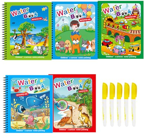 dancepandas 5 Pieces Water Colouring Books for Children, Reusable Magic Painting Books with Water,Magic Water Colouring Book with 5 Water Pens,Travel Toys