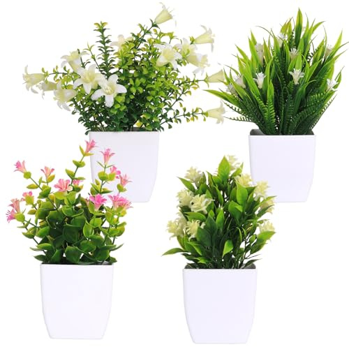 4 st små konstgjorda växter i krukor utomhus inomhus, grönska plast fuskkrukväxter, små dekorativa inomhus utomhus konstgjorda blommor i krukor för hem badrum kontor bord trädgård dekoration