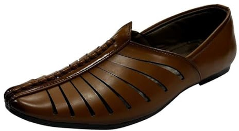 Khussa Mojaris indiano fatto a mano da uomo - Scarpe da sposa etniche e slip-on tradizionali, Marrone chiaro, 45 EU