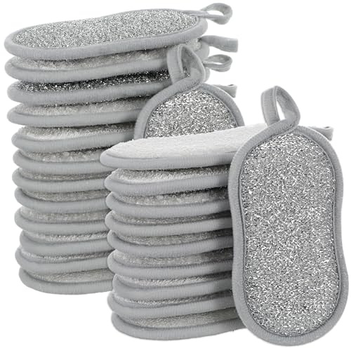 24 Pack Multi Purpose Dish Scrub Sponges, Reusable Dual Sided Microfiber Sponges for Washing Dishes and Kitchen Cleaning with Heavy Duty Scouring Layer Non Scratch, Gray