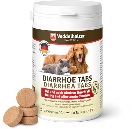 Veddelholzer 50 Compresse Masticabili per la Diarrea - Integratore Alimentare per Cani e Gatti con Prebiotici e Ingredienti di Erbe - Supporto per Diarrea Acuta e Cura Post-Intestinale
