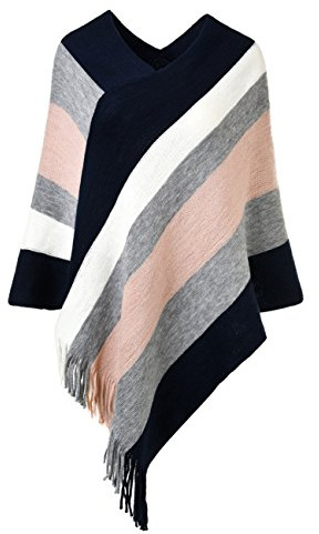 Ferand Women's Striped Knit Poncho Shawl Wrap with Fringe for Fall