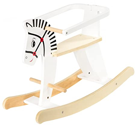 Mamabrum Holz-Schaukelpferd, Mitwachsend für Babys & Kleinkinder, Abnehmbarer SchutzbüGel, Weiß - Sicheres Schaukeltier mit Geländern, bis 25 kg, 68x48x26,5 cm