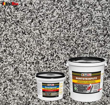 Isolbau - Buntsteinputz für Außen und Innen (Weiß, Grau, Schwarz) 25 kg - BP20 Mosaikputz Dekorationsputz Frostsicher, Wasserfest, Stoßfest - mit Quarzgrund 4 kg