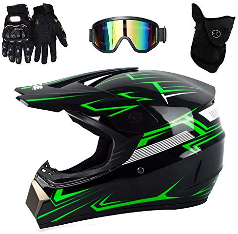 UIGJIOG Motorrad Crosshelm mit Brille (4 Stück) - Adult Motocross Helm Erwachsener Off Road Fullface MTB Helm Mopedhelm Motorradhelm für Damen Herren Sicherheit Schutz,Grün,S(52~53cm)