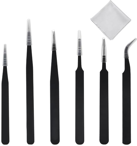 YIXISI 6 Pezzi Pinzette di Precisione ESD Kit, Pinzette Industriali Antistatiche in Acciaio Inossidabile, con Panni per La Pulizia, per Elettronica, Saldatura, Gioielli, Artigianato, Laboratorio