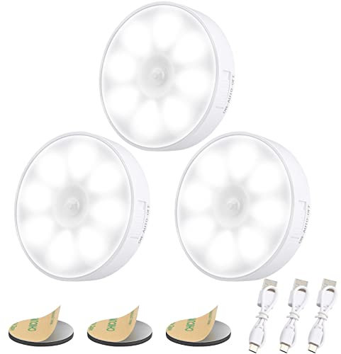 Electight 3 Pack Luz Nocturna LED Recargable por USB, Sensor de Movimiento para Interiores, 8 LED, 3 Modos (AUTO/ON/Off), para Dormitorio, Armarios, Pasillo, Escaleras, Garaje, Entrada (Blanco)