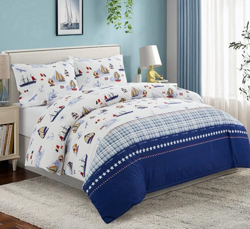 Marina Decoration Kids Boys Toddlers Cute Printed 600 Thread Count Soft Cotton Blend Percale 3 Pieces Duvet Cover Set with Corner Tie and Zipper, Nautical Sailing Boat Pattern Double/Full Size