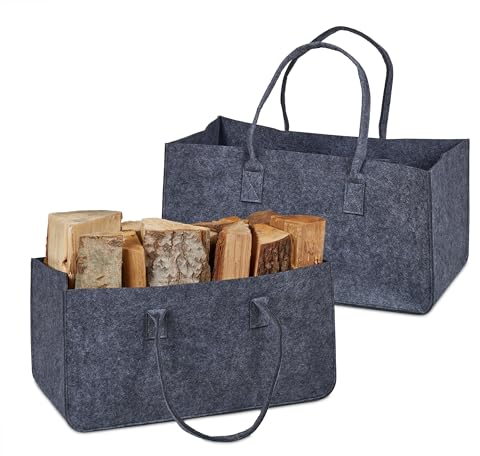 Relaxdays Portalegna da Interno in Feltro, Set da 2, Cesta con 28 L di Volume, Borsa per Legna con Manici, Grigio Scuro, 25 x 50 x 25 cm