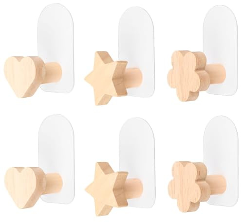 RUNEAY Ganchos para ropa para niños, 6 unidades, ganchos de pared de madera, autoadhesivos, ganchos para guardarropa, ganchos sin agujeros, ganchos para ropa infantil