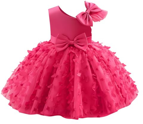 IMEKIS Vestido de bautizo y cumpleaños para niña bebé, sin mangas, de princesa con mariposa, volantes, tutú, flores, para boda, fiesta, desfile, elegante, formal, vestido de gala, rosa oscuro, 9-12