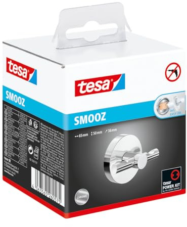tesa SMOOZ Handtuchhaken, verchromter Edelstahl - Bad-Haken zur Wandbefestigung ohne Bohren, inkl. Klebelösung - 63 mm x 50 mm x 50 mm