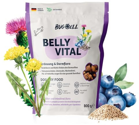 BugBell 800g Premium Trockenfutter, Magenschonend, Hypoallergen, für Probleme mit der Bauchspeicheldrüse oder Leber, Löwenzahn, Mariendistel, Präbiotika & Probiotika