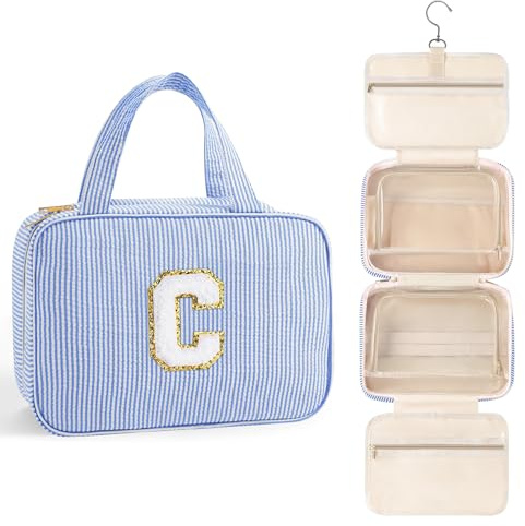 TOPEAST Travel Toiletry Bag for Women - Hanging Toiletry Bag with Initial | Large Capacity Personalized Travel Makeup Bag, Blue, C