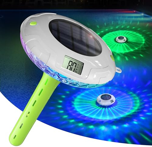 Solar Digital Pool Licht mit Dual LCD Bildschirmen, Leicht ablesbares Schwimmendes Poolthermometer mit 6 dynamischen Lichteffekten, IPX7 Wasserdicht Digital Thermometer (Marineblau)