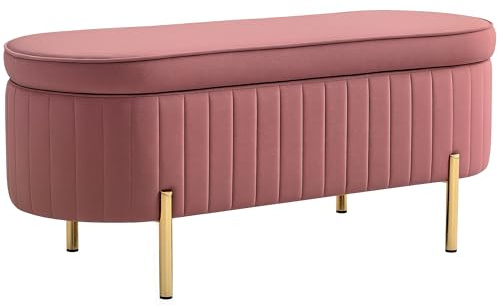 HOMCOM Banco Pie de Cama Tapizado en Terciopelo Puff Almacenaje con Espacio de Almacenamiento y Patas Doradas Banqueta para Entrada Dormitorio 108x44x43,5 cm Rosa Oscuro