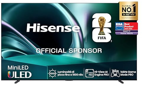 Hisense TV 100 Mini-LED 165Hz 4K 2025 100U7Q, Matte Display, Smart TV VIDAA U9 con 1000+APP, Dolby Vision IQ, HDR 10+ Adaptive, 165Hz Game Mode Ultra, Dolby Atmos 2.1 con Subwoofer, Alexa Built-in