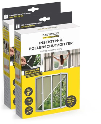 EASYmaxx Mosquitera antipolen para Ventanas con Magic Click | Cortada a Medida para Todas Las Ventanas de hasta 110 x 130 cm | Fácil instalación con 12 imanes - sin taladrar ni atornillar [2 Piezas]